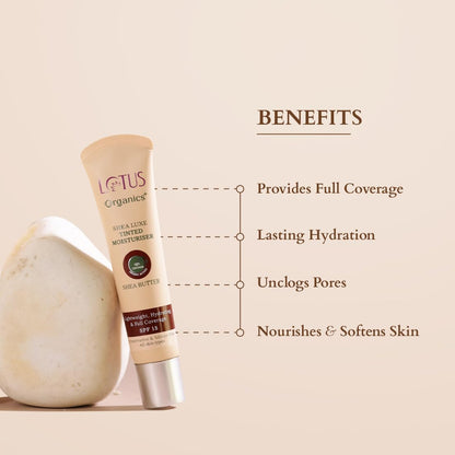 Lotus Organics+ Shea Luxe Tinted Moisturizer | 100% Certified Organic Shea Butter | Full Coverage | Provides Lasting Hydration | SPF 15 | Free From Preservatives & Artificial Fragrance (M 1)