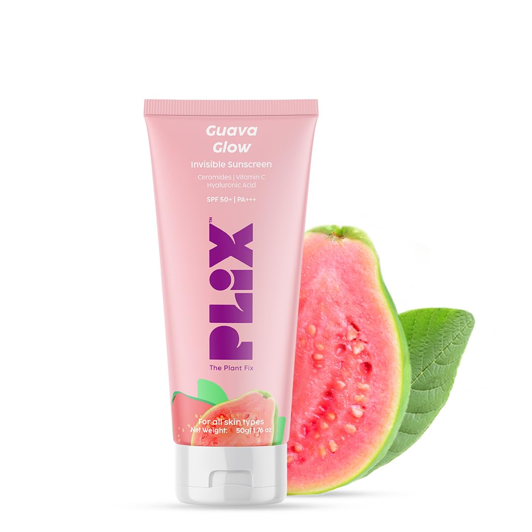 Plix Spf 50+ Guava Glow Invisible Sunscreen For All Skin Type With Pa +++|For Uv A,Uv B&Blue Light Protection With Ceramides,Vitamin C&Hyaluronic Acid 50gm