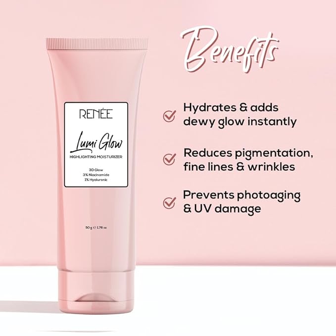 RENEE Lumi Glow Highlighting Moisturizer, Enriched with 3% Niacinamide & 1% Hyaluronic Acid, Prevents Photoaging & UV Damage, Reduces Pigmentation, Fine Lines & Wrinkles, Non-Sticky Glowing Skin - 50g