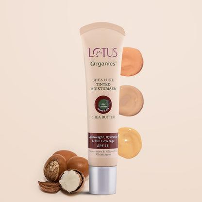 Lotus Organics+ Shea Luxe Tinted Moisturizer | 100% Certified Organic Shea Butter | Full Coverage | Provides Lasting Hydration | SPF 15 | Free From Preservatives & Artificial Fragrance (M 1)