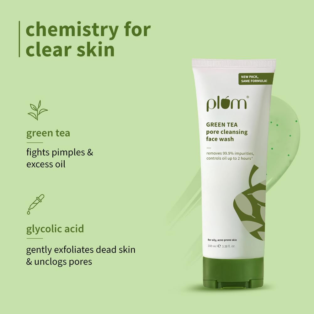Plum Green Tea Pore Cleansing Face Wash for Oily, Acne Prone, Dry & Combination Skin | with Glycolic Acid | Fight Pimples & Control Excess Oil 100ml