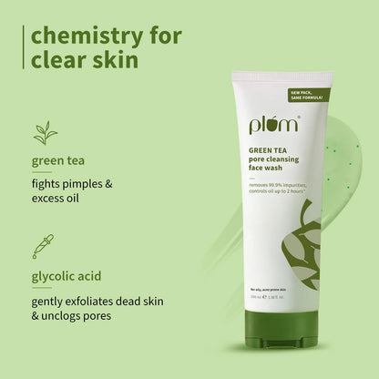 Plum Green Tea Pore Cleansing Face Wash for Oily, Acne Prone, Dry & Combination Skin | with Glycolic Acid | Fight Pimples & Control Excess Oil 100ml