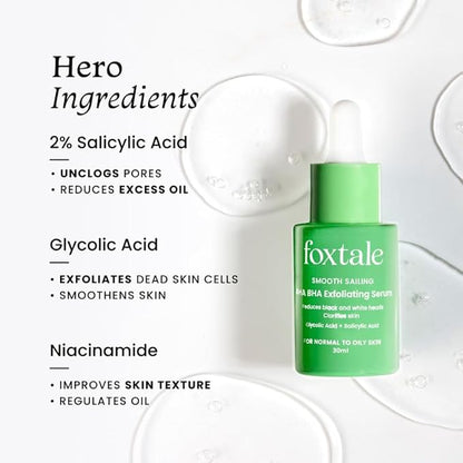 Foxtale 2% Salicylic Acid AHA BHA Exfoliating Serum with Niacinamide, Fights Acne, Reduces Blackheads & Whiteheads, Reduces Excess Oil & Bumpy Texture
