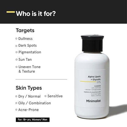 Minimalist 7% ALA & AHA Brightening Face Wash with Vitamin B5 For Hydration, Glycolic Acid For Exfoliation & Alpha Lipoic Acid For Glowing shin 100 ml