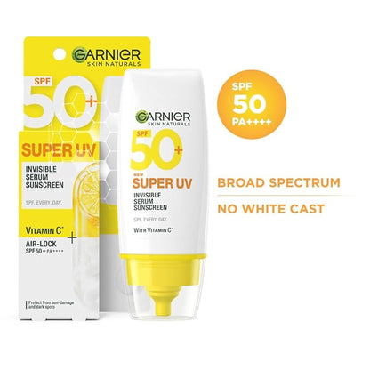 Garnier Super UV Invisible Serum Sunscreen SPF 50 PA++++ UVA/B for Broad Spectrum | Lightweight with Vitamin C | No White Cast | For All Skin Types (Oily, Dry, Acne-prone) | For Men & Women 30ml