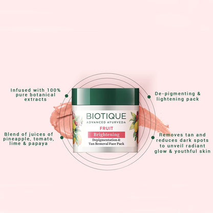 Biotique Fruit Brightening Depigmentation and Tan Removal Face Pack Ayurvedic and Organically Pure,Tan Removal 75gm