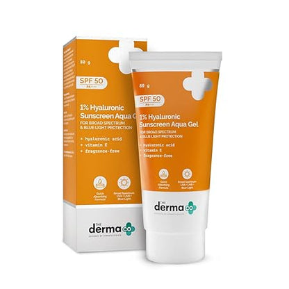 The Derma Co 1% Hyaluronic Sunscreen SPF 50 Aqua Gel, PA++++, Lightweight, No white-cast for Broad Spectrum & Blue Light Protection for Oily, Dry, Acne-prone Skin - 80g