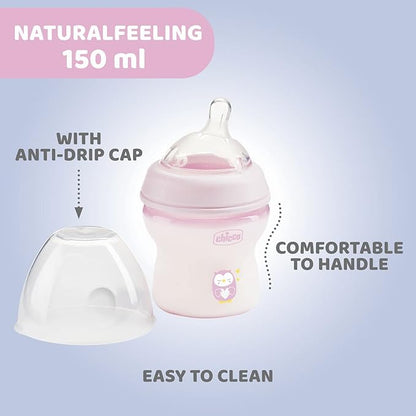 Chicco Natural Feeling Feeding Bottle for Babies, 150ml (0+ Months)|Mother Breast Like teats| Soft Silicon, Anti-Colic Teat | Angled Teat Suitable for Newborns | with Anti-Drip Cap | BPA Free (Pink)