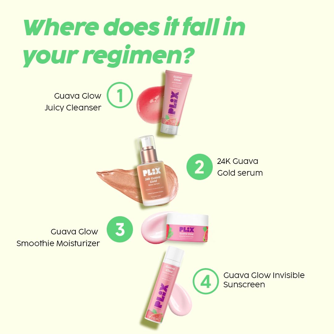 Plix 24K Guava Gold Serum | Vitamin C & Hyaluronic Acid | Brightens Skin & Reduces Photoageing | 2-In-1 Face Serum & Primer For Glowing Skin | 30 Ml