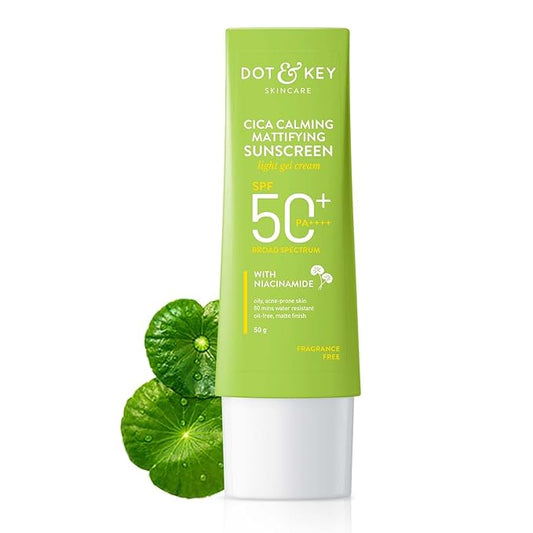 Dot & Key CICA Calming Mattifying Sunscreen SPF 50 PA++++ | For Oily Acne Prone & Sensitive Skin | UVA/UVB Protection | No White Cast, Ultra Light, Fragrance Free & Quick Absorbing | 50g