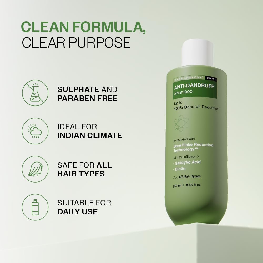 Bare Anatomy Anti Dandruff | Reduces Up To 100% Strengthens Hair | Derma Approved Shampoo With Salicylic Acid & Biotin | Helps Remove Flakes & Itching 250ml