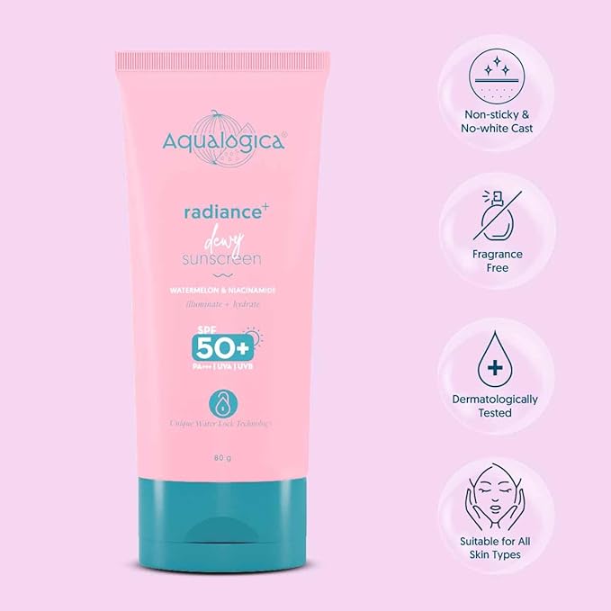 Aqualogica Radiance+ Dewy Sunscreen SPF 50+ PA+++ | Lightweight texture for oily, combination, acne prone skin
