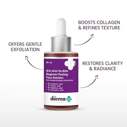The Derma Co 15% AHA + 1% BHA Beginner Repairing, Radiant Skin, Exfoliating, Removes Impurities Face Peeling Solution for 10-Minute Weekly Exfoliation - 30ml