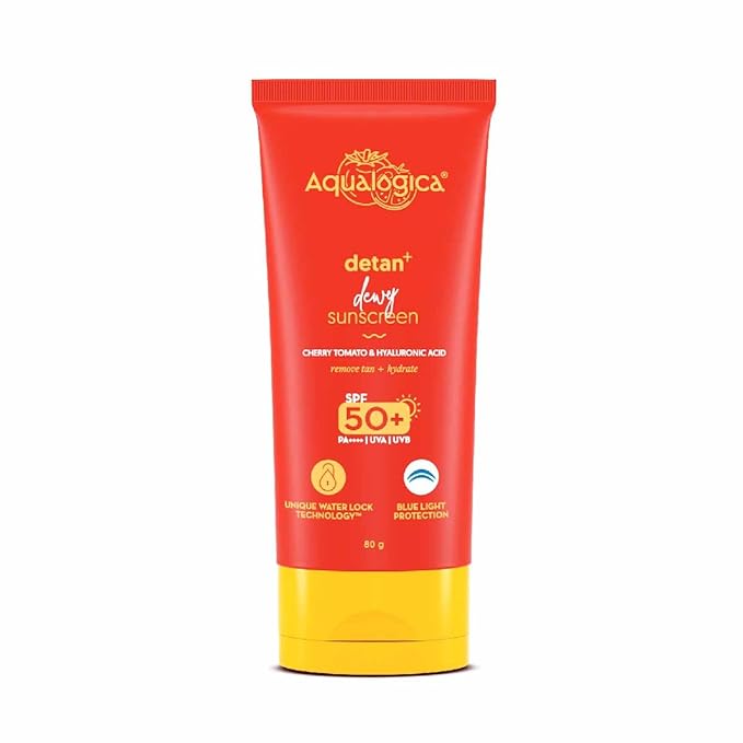 Aqualogica Detan+ Dewy Sunscreen with Cherry Tomato & Hyaluronic Acid with SPF 50 & PA++++ for Men & Women - For Normal, Dry & Combination Skin -80g
