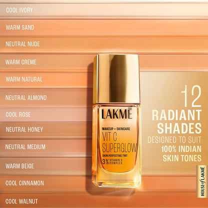LAKMÉ Makeup+Skincare Vit C Superglow Skin Perfecting Natural Liquid Tint, Medium Coverage, Neutral Almon N340