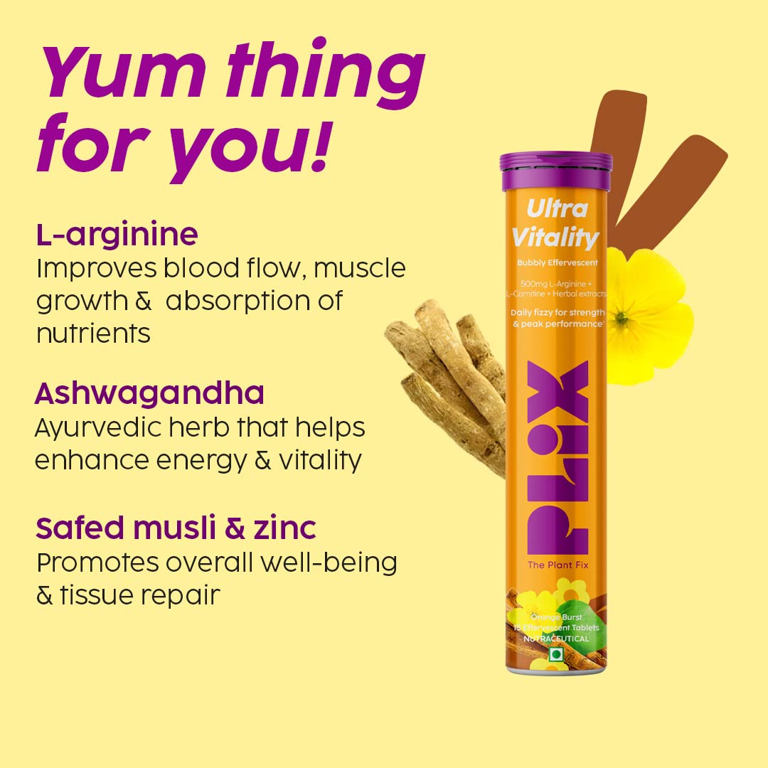 Plix Ultra Vitality Effervescent, Strength With L-Arginine, Ashwagandha, Safed Musli and Zinc, 15 Effervescent Tablets, Pack of 4
