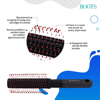 ROOTS Truglam Black Round Hair Brush | Soft Tip Flexible Bristles | Prevent Scalp Scraping & Cuticle Damage Length 8.81 Inch - Model No - 2013