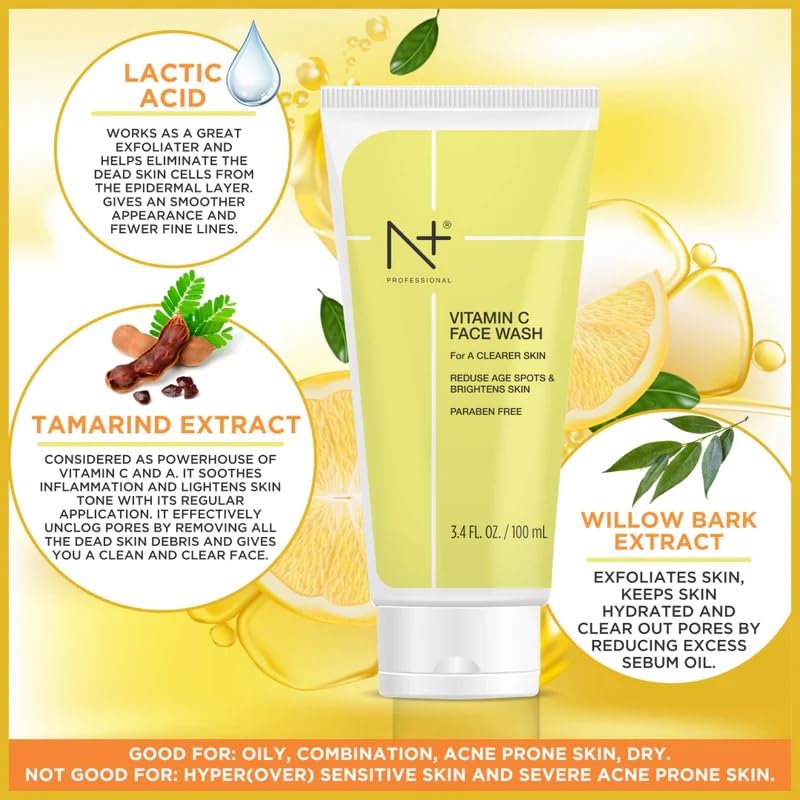 N Plus Professional Vitamin C Face Wash 100ml | Brightening & Deep Cleansing Face Wash for Clear & Glowing Skin