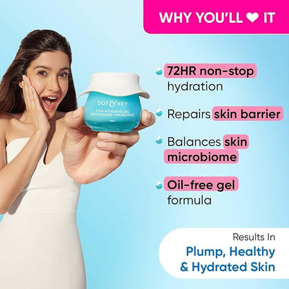 DOT & KEY 72Hr Hydrating Gel + Probiotics Moisturizer For Face With Hyaluronic Acid, Kombucha & Rice Water Lightweight Gel Oil Free Moisturizer