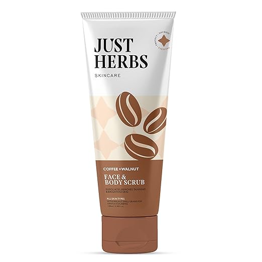 Just Herbs Coffee Body Scrub Walnut Exfoliating Detan Face & Body Scrub for Blackheads, Whiteheads, Removes Tanning & Glowing Skin - For Men & Women 100 Ml