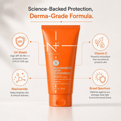 N+ Sunscreen Cream with spf 55 + Niacinamide Dewy + Vitamin E, Non-Greasy, No white caste