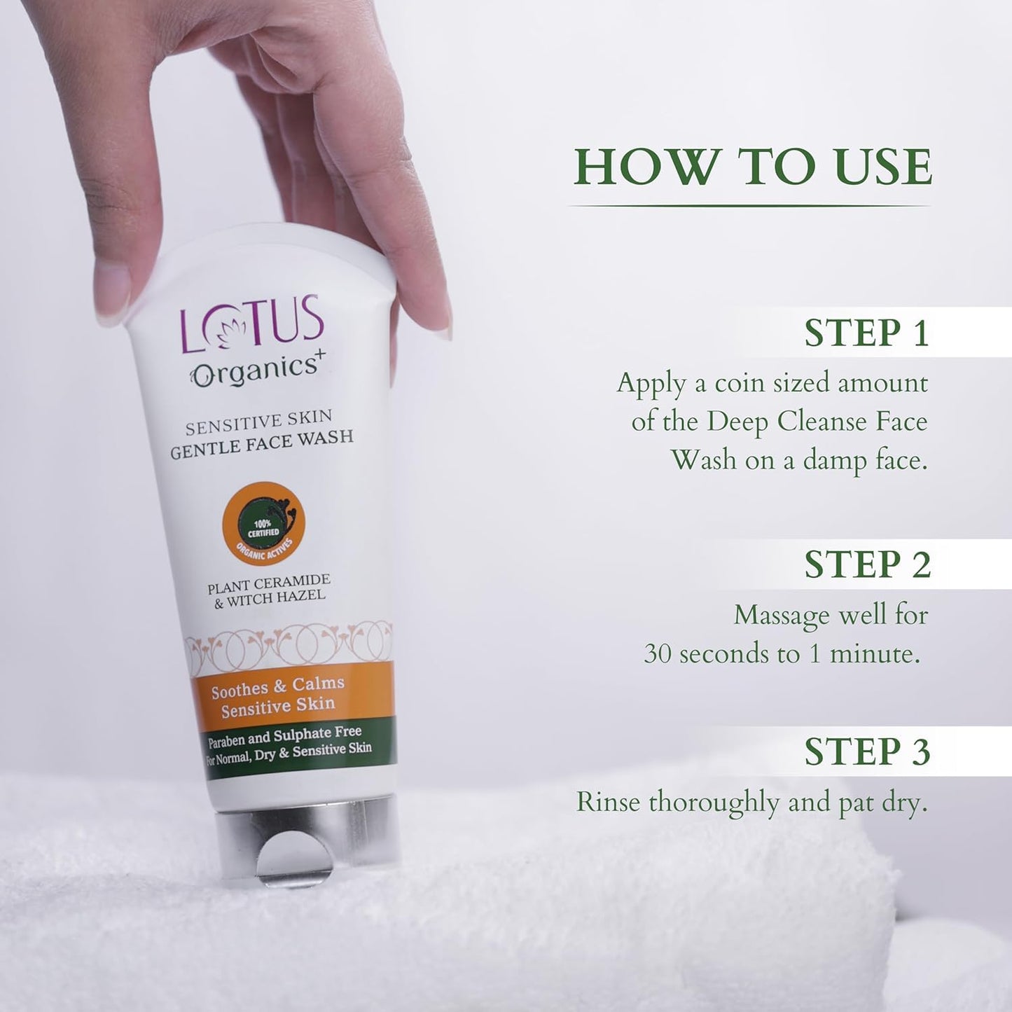 Lotus Organics+ Sensitive Skin Gentle Face Wash for Women & Men | 100% Certified Organic Witch Hazel & Plant Ceramides | Soothes Sensitive Skin | Protects Skin Barrier 80gm