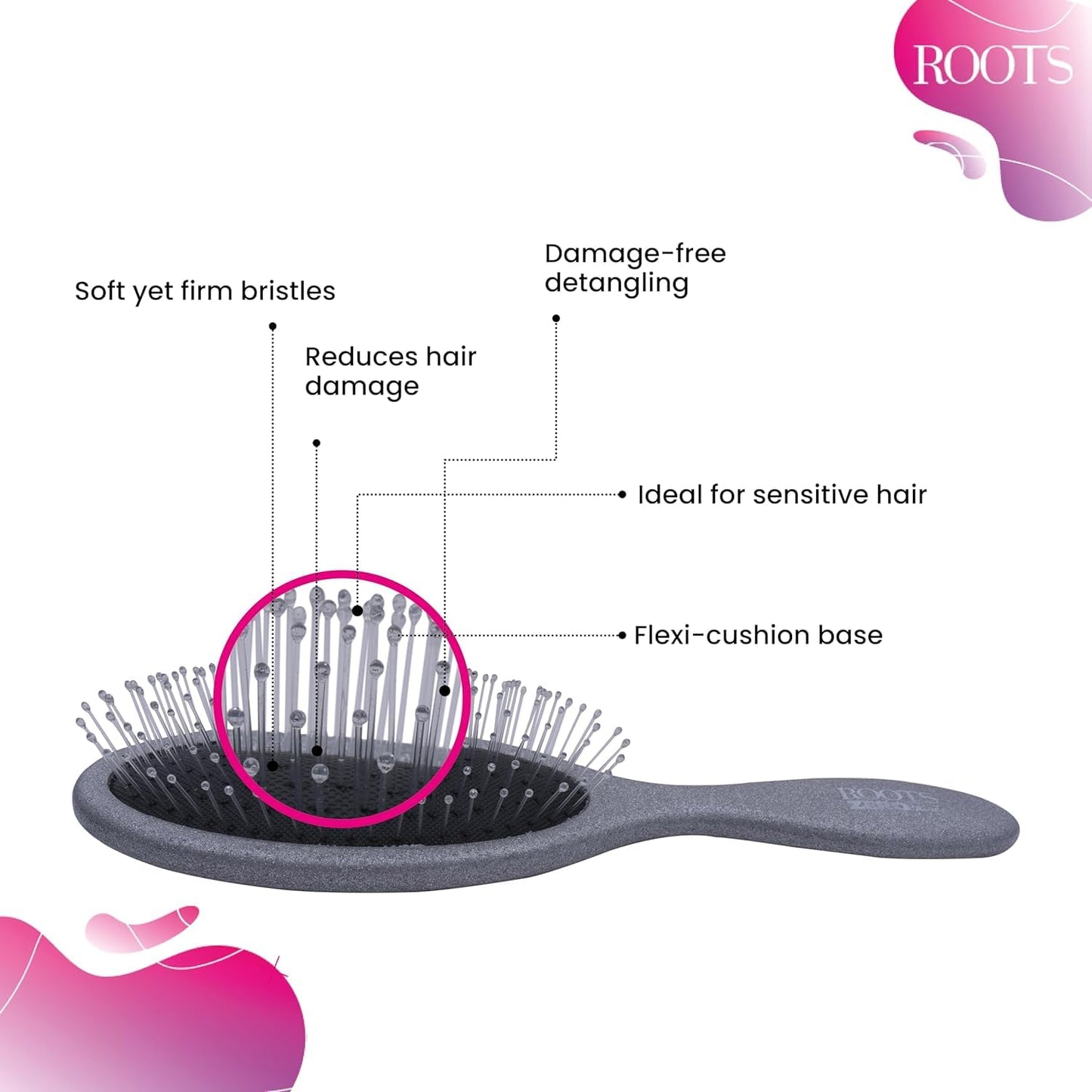 ROOTS Zero Tangle Oval Hair Brush | Flexi Cushion Base | Soft yet Firm Bristles | Damage-Free Detangling on Sensitive/Wet/Dry Hair | For Men & Women | Length - 8.7 Inch, Model No - RZTO-SG