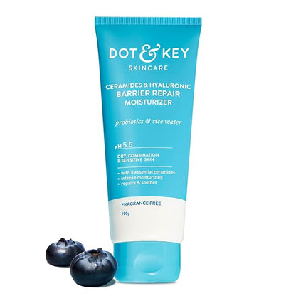 Dot & Key Ceramides Moisturizer with Hyaluronic for Intense Moisturizing and Skin Strengthening | With Probiotic & Rice Water I Barrier Repair Cream | For Dry Skin, Normal Skin & Sensitive Skin | 100g