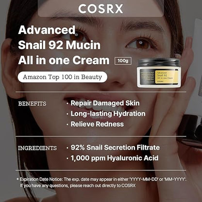 COSRX Snail Mucin 92% Moisturizer 3.52oz/ 100g, Daily Repair Face Gel Cream for Dry, Sensitive Skin