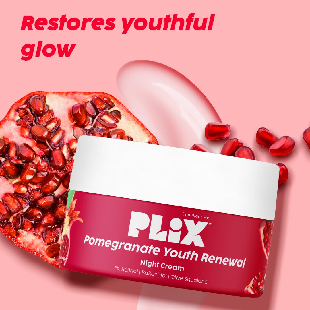PLIX - THE PLANT FIX Pomegranate 1% Retinol & 1% Bakuchi Oil Anti Ageing Night Cream | Reduces Fine Line & Wrinkles 50gm