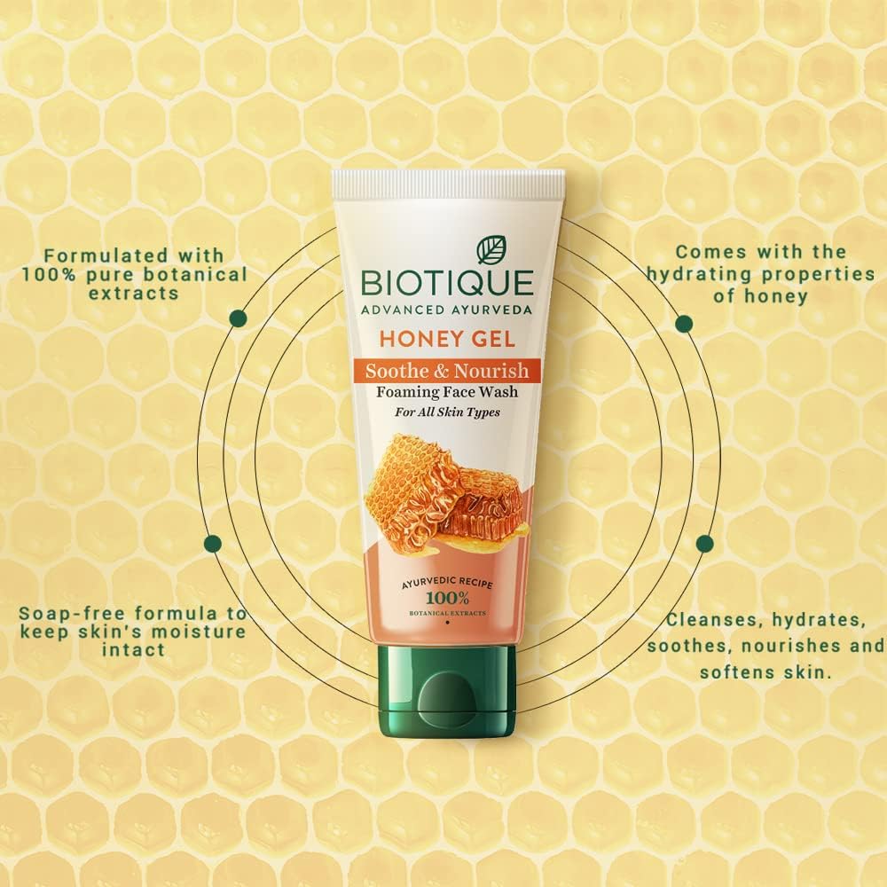 Biotique Honey Gel Soothe & Nourish Foaming Face wash, Soap Free Formula, Reduce Dryness, 100% Botanical Extracts, 150ml