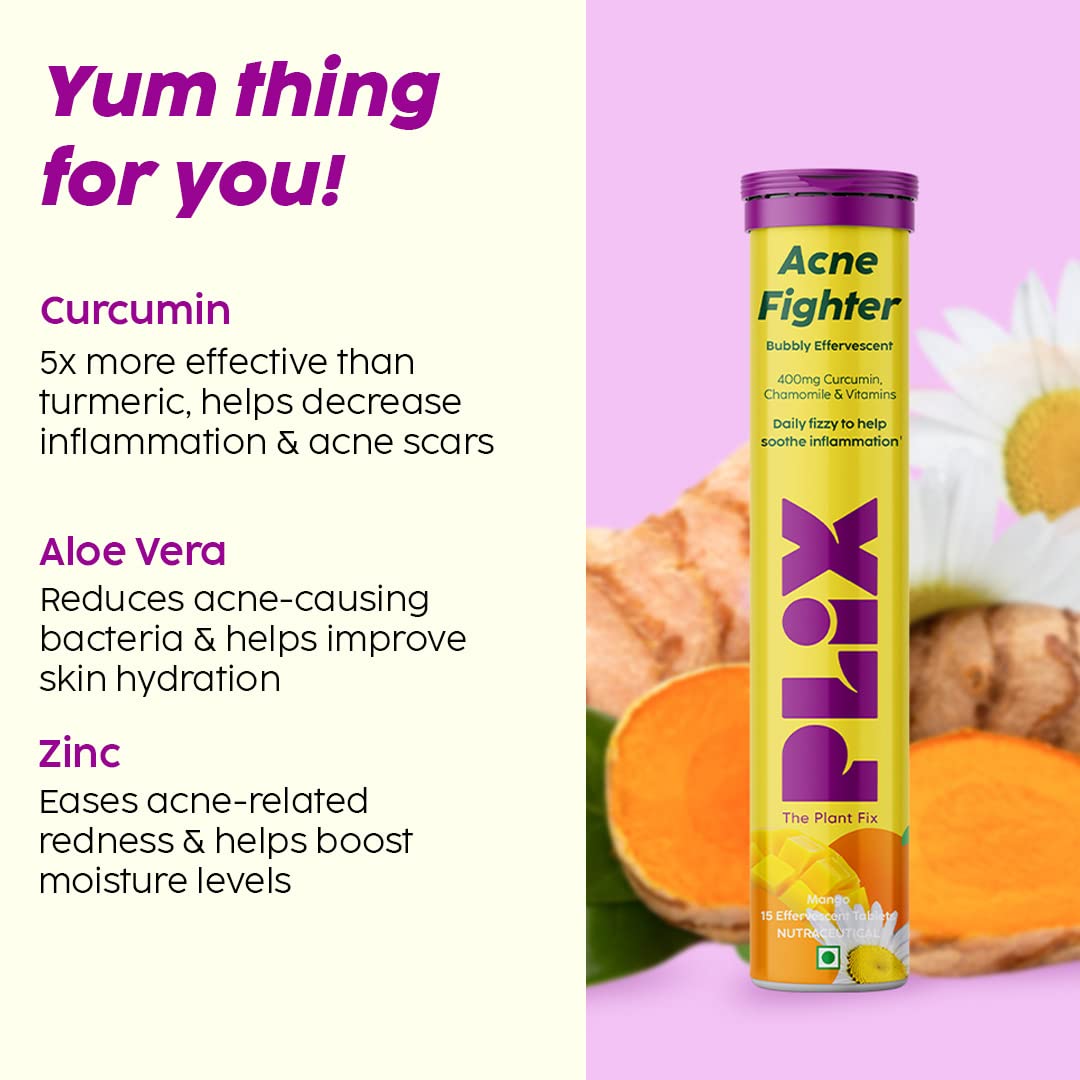 PLIX - THE PLANT FIX Acne Shield (15 Effervescent Tablets),Mango Twist Flavour,Goodness Of Curcumin,Aloe And Chamomile,Good For Clear Skin,Easy To Consume,Gluten Free,Dairy Free,Plant Based