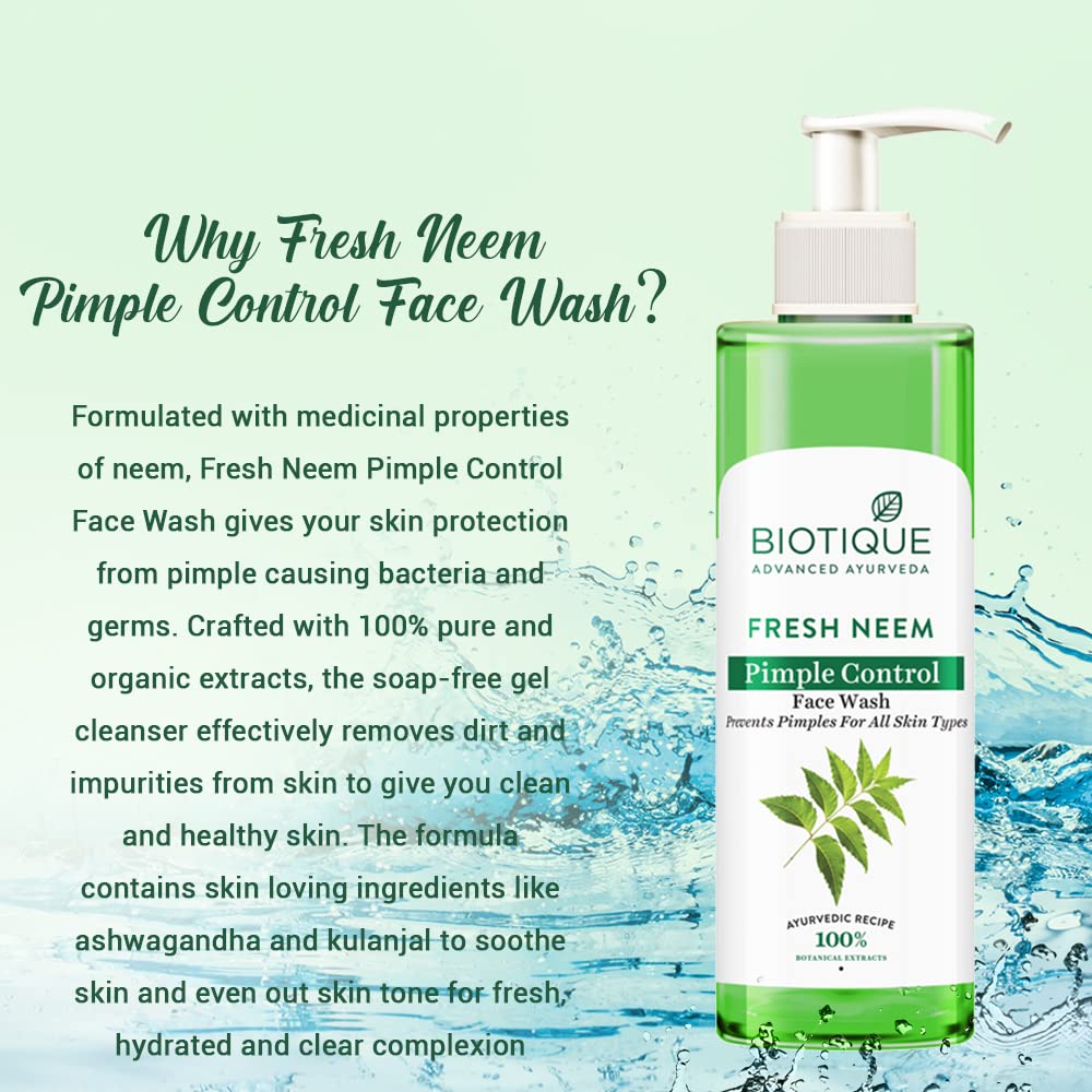 Biotique Fresh Neem Pimple Control Face Wash| Ayurvedic and Organically Pure| Prevents Pimples |100% Botanical Extracts, 200mL