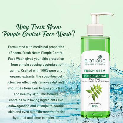 Biotique Fresh Neem Pimple Control Face Wash| Ayurvedic and Organically Pure| Prevents Pimples |100% Botanical Extracts, 200mL