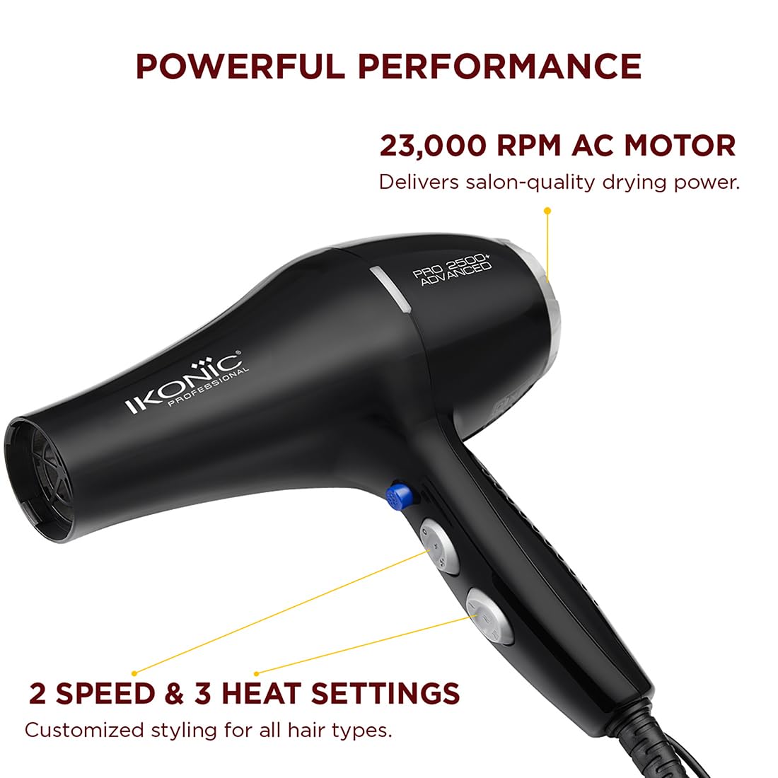 IKONIC PROFESSIONAL 2500+ ADVANCED HAIR DRYER with dual watts compatibility 2400W-2800W
