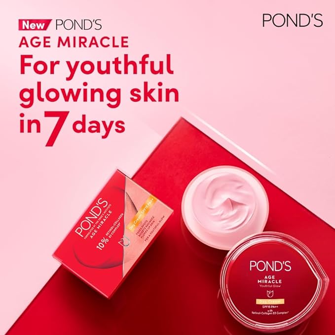 Pond's Age Miracle Youthful Glow Day Cream with SPF 18 PA++, Anti-Ageing Cream, With 10% Retinol-Collagen B3 Complex, Reduce Fine Lines & Combat Sagging Skin, 50g