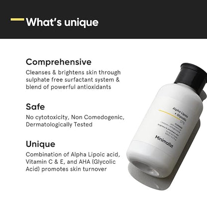 Minimalist 7% ALA & AHA Brightening Face Wash with Vitamin B5 For Hydration, Glycolic Acid For Exfoliation & Alpha Lipoic Acid For Glowing shin 100 ml