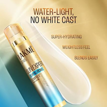 Lakme Sun Expert 1% Hyaluronic Sunscreen, SPF 50 PA+++ for UVA/B, No white cast, for hydrated skin