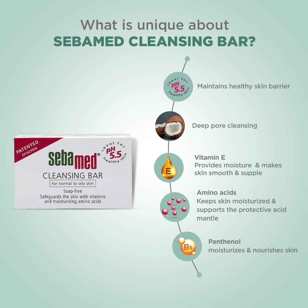 Sebamed Cleansing Bar for sensitive skin 100 gm |pH 5.5| soap free moisturizing bathing bar | vitamins & amino acids l phthalates SLS & parabens free l Clinically proven l Dry skin