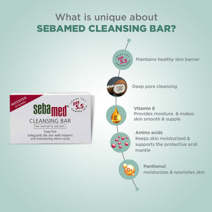 Sebamed Cleansing Bar for sensitive skin 100 gm |pH 5.5| soap free moisturizing bathing bar | vitamins & amino acids l phthalates SLS & parabens free l Clinically proven l Dry skin