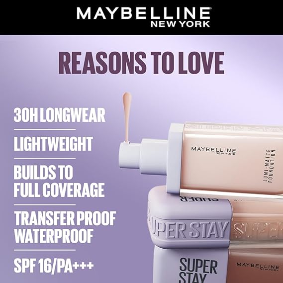 Maybelline New York Super Stay Lumi Matte Liquid Foundation, 30 HR Long Lasting yet Lightweight, 230, 35ml