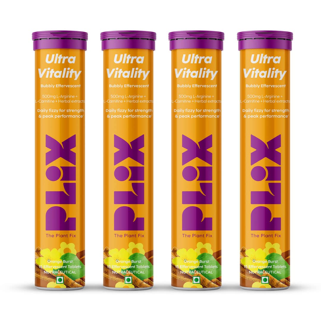 Plix Ultra Vitality Effervescent, Strength With L-Arginine, Ashwagandha, Safed Musli and Zinc, 15 Effervescent Tablets, Pack of 4