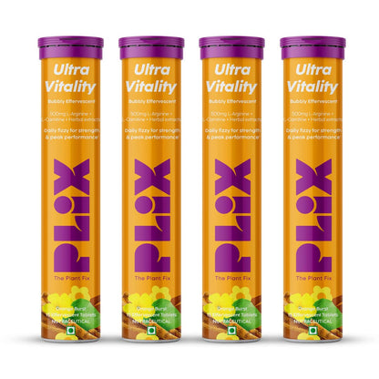 Plix Ultra Vitality Effervescent, Strength With L-Arginine, Ashwagandha, Safed Musli and Zinc, 15 Effervescent Tablets, Pack of 4