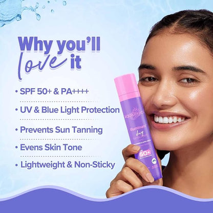 Aqualogica lluminate+ Dewy All Skin Type Sunscreen Spf 50+ Pa++++ With Wild Berries&Alpha Arbutin - 50 G Protection Against Uva/B&Blue Light