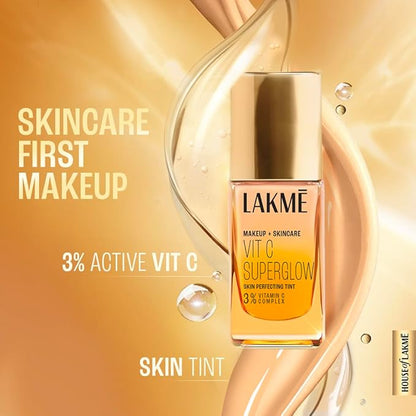 LAKMÉ Makeup+Skincare Vit C Superglow Skin Perfecting Natural Liquid Tint, Medium Coverage, Neutral Almon N340