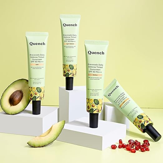 Quench Botanics Bravocado Daily Defense Tinted sunscreen SPF 50 PA+++ (Medium), Lightweight | Gel-based Sunscreen, UV Shield I Rice, Pomegranate | Made In Korea, 50ml