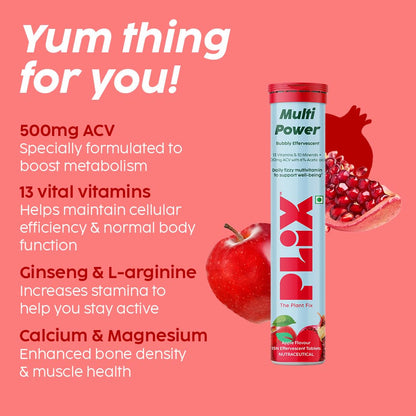PLIX - THE PLANT FIX Multi Power Multivitamin + Apple Cider Vinegar 15 Fizzy Effervescent Tablet Vitamins & 10 Minerals|100% Vegan