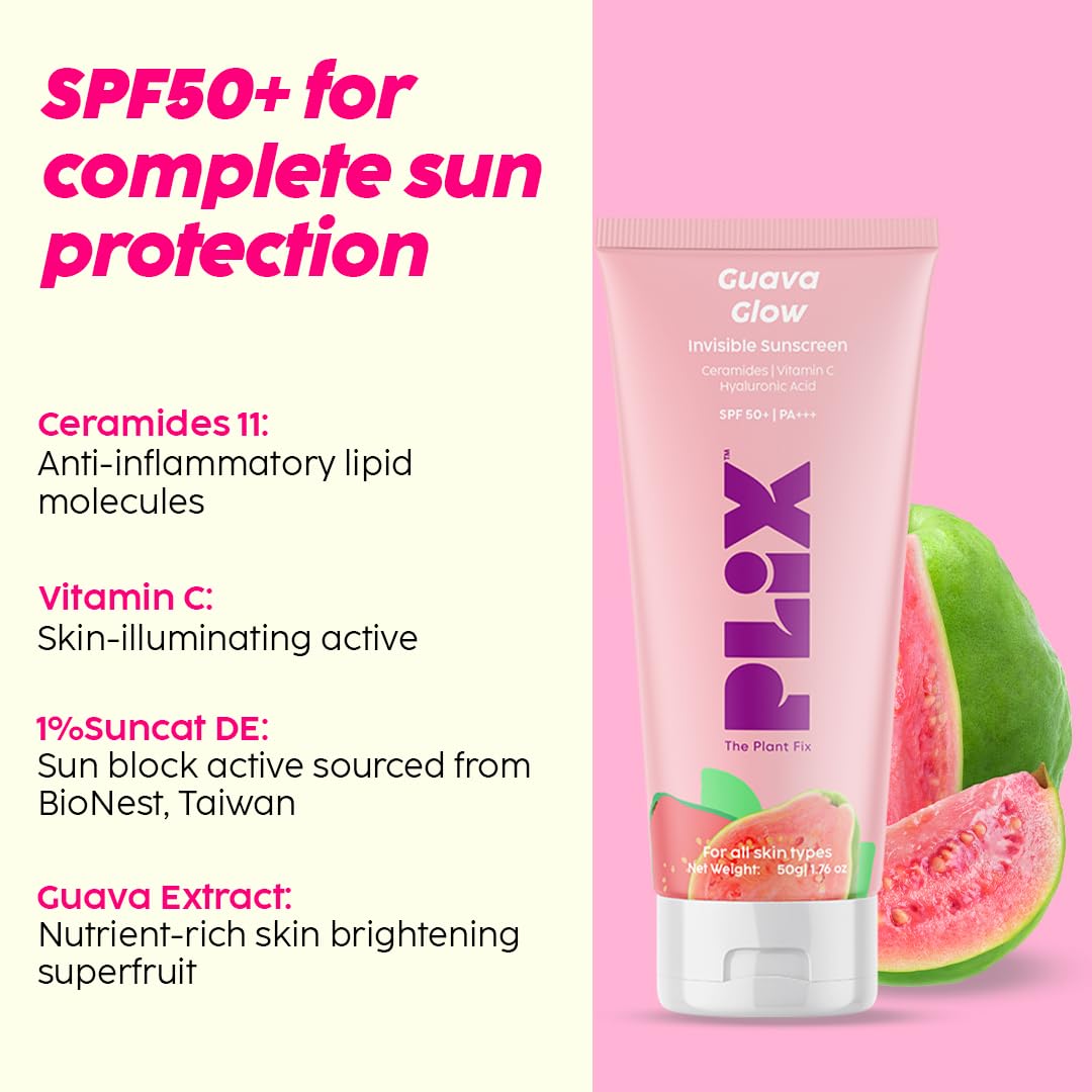 Plix Spf 50+ Guava Glow Invisible Sunscreen For All Skin Type With Pa +++|For Uv A,Uv B&Blue Light Protection With Ceramides,Vitamin C&Hyaluronic Acid 50gm