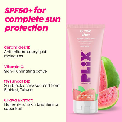 Plix Spf 50+ Guava Glow Invisible Sunscreen For All Skin Type With Pa +++|For Uv A,Uv B&Blue Light Protection With Ceramides,Vitamin C&Hyaluronic Acid 50gm