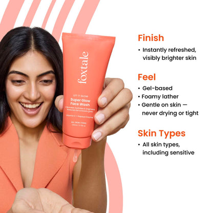 Foxtale Vitamin C Super Glow Face Wash with Papaya enzyme, Reduces Tan, Boosts Glow, Gently Exfoliates & Brightens Skin, Reduces Pigmentation